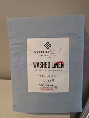 StitchWell Linen Blue Queen Sheet Set